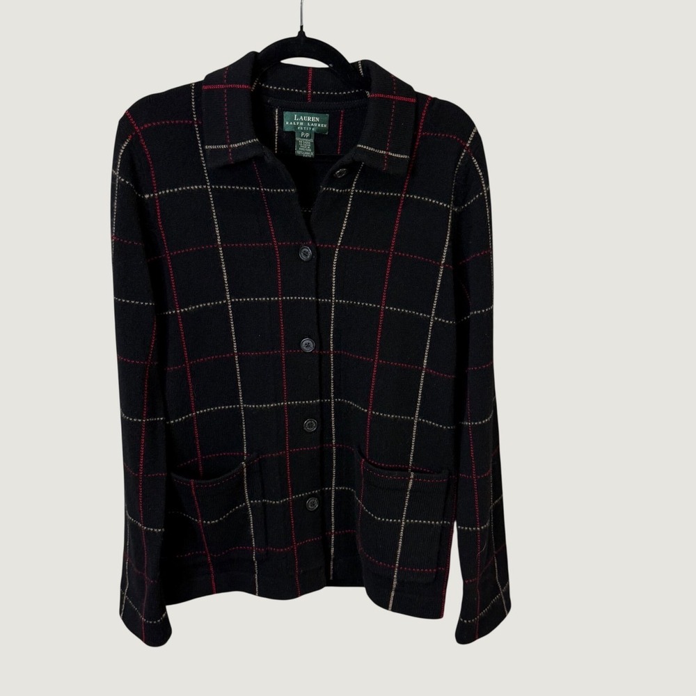 Lauren Ralph Lauren Plaid Lambswool Cardigan Black Red Petite P Fall Preppy VTG